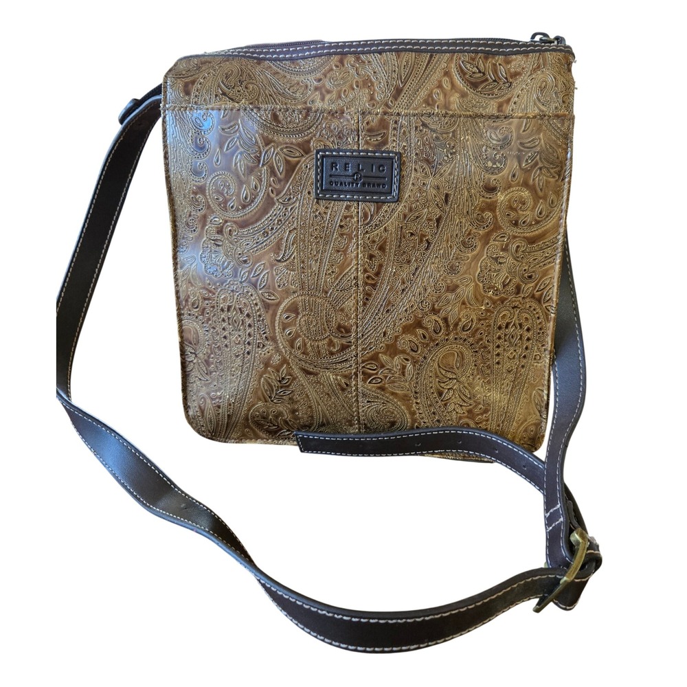 Relic Boho Tan Brown Paisley Embossed Crossbody Bag Adjustable Strap Zip Pocket